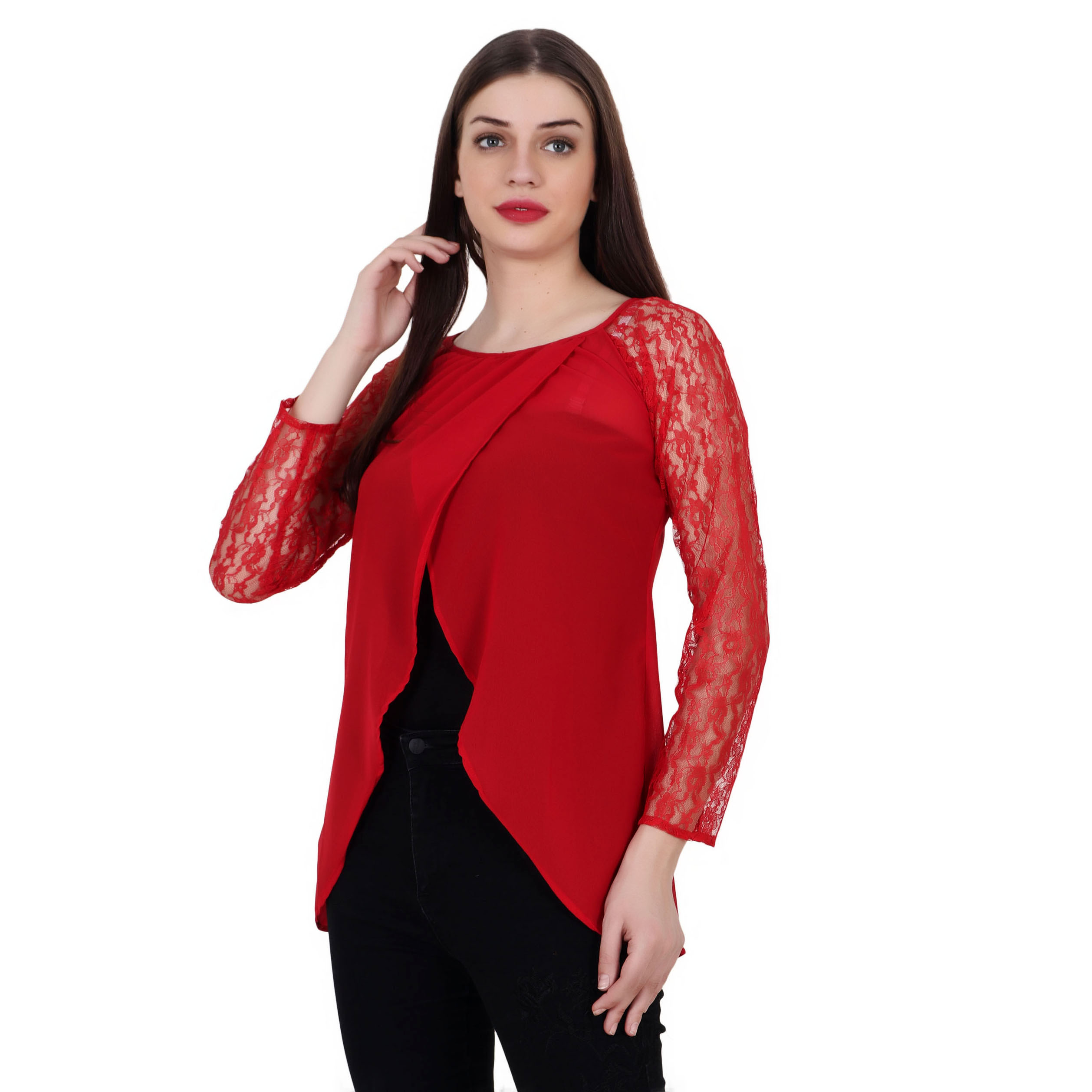 RED REGULAR NET SLEEVE TOP